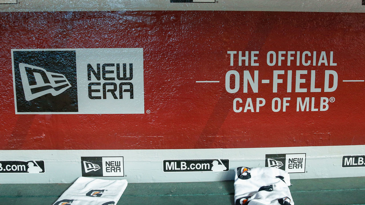 PHOENIX, AZ - APRIL 26: New Era ad in the dugout before the MLB baseball game between the Chicago Cubs and the Arizona Diamondbacks on April 26, 2019 at Chase Field in Phoenix, Arizona.