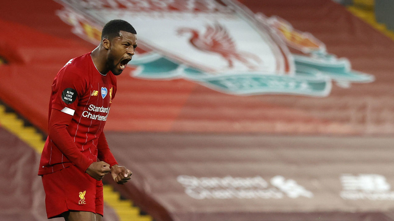 Liverpool's Georginio Wijnaldum celebrates scoring his side's third goal of the game during the Premier League match at Anfield, Liverpool.