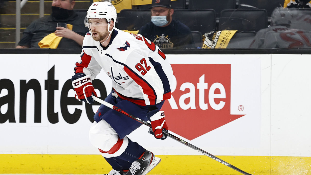 BOSTON, MA - MAY 19: Washington Capitals center Evgeny Kuznetsov (92) returned to action from the Covid list during Game 3 of the NHL Stanley Cup Playoffs First Round between the Boston Bruins and the Washington Capitals on May 19, 2021, at TD Garden in Boston, Massachusetts.