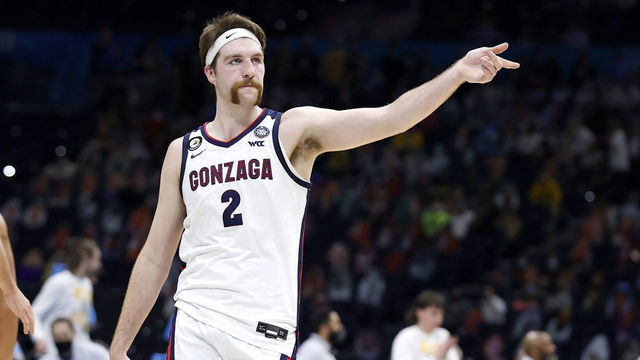 INDIANAPOLIS, INDIANA - APRIL 05: Drew Timme #2 of the Gonzaga Bulldogs reacts during the first half in the National Championship game of the 2021 NCAA Men's Basketball Tournament against the Baylor Bears at Lucas Oil Stadium on April 05, 2021 in Indianapolis, Indiana.