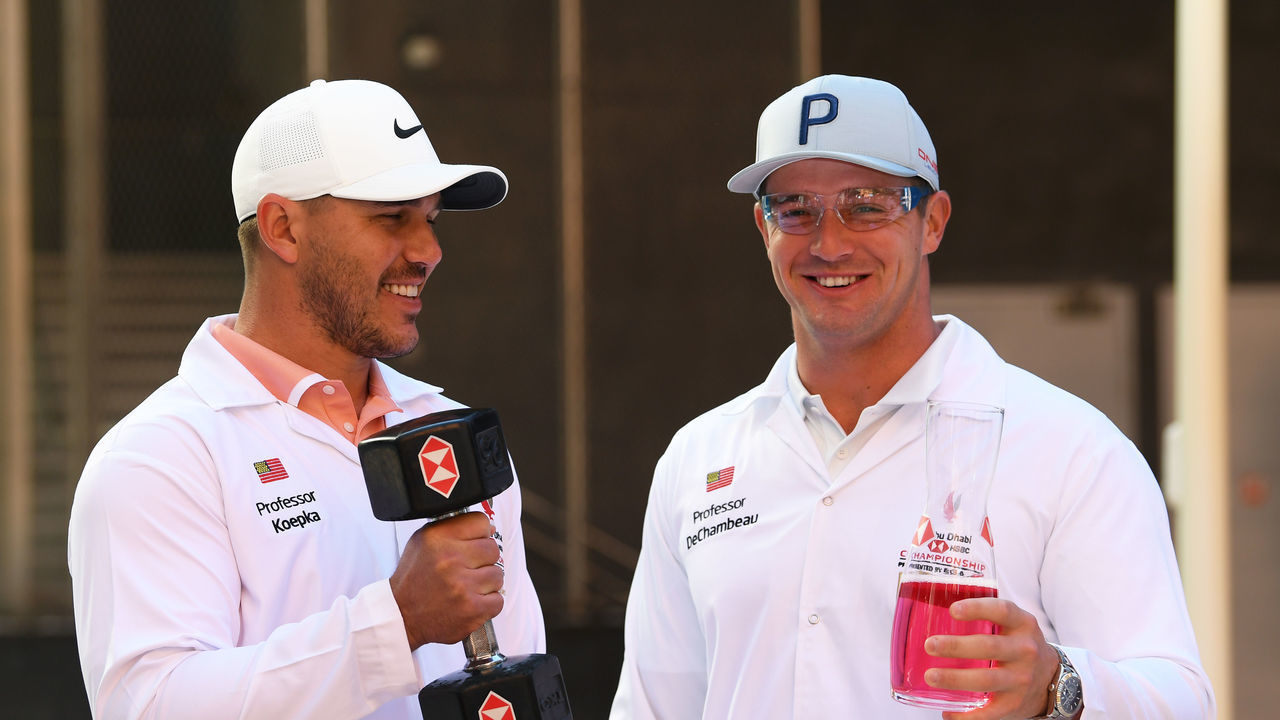 ABU DHABI, UNITED ARAB EMIRATES - JANUARY 14: Brooks Koepka and Bryson DeChambeau attend the launch The Abu Dhabi HSBC Championship Presented by EGA at Masdar City - a unique ‘city of the future’ in the United Arab Emirates on January 14, 2020 in Abu Dhabi, United Arab Emirates.