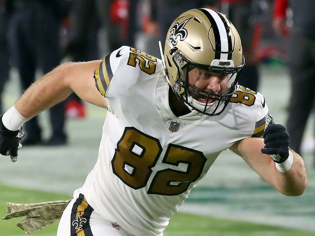 TAMPA, FL - NOVEMBER 08: Adam Trautman (82) of the Saints goes out for a pass during the regular season game between the New Orleans Saints and the Tampa Bay Buccaneers on November 08, 2020 at Raymond James Stadium in Tampa, Florida.