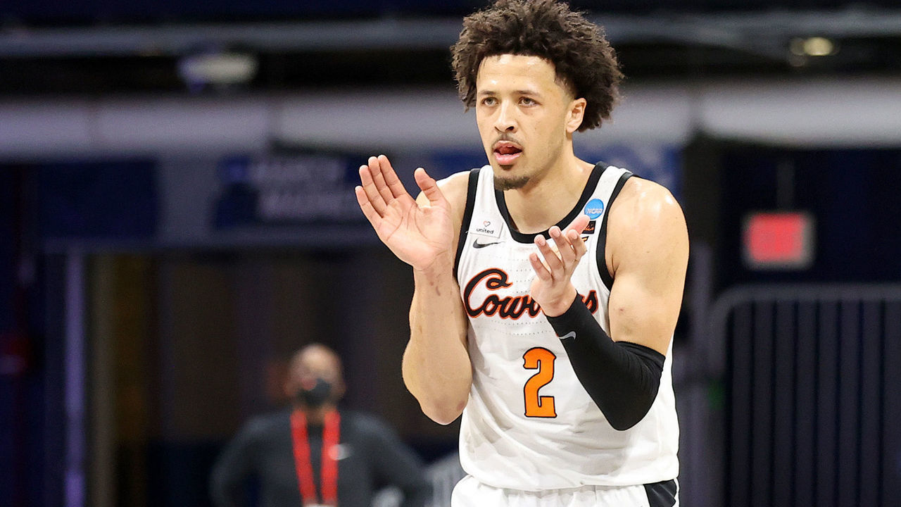 INDIANAPOLIS, INDIANA - MARCH 21: Cade Cunningham #2 of the Oklahoma State Cowboys reacts as they take on the Oregon State Beavers during the second half in the second round game of the 2021 NCAA Men's Basketball Tournament at Hinkle Fieldhouse on March 21, 2021 in Indianapolis, Indiana. The Oregon State Beavers won 80-70.