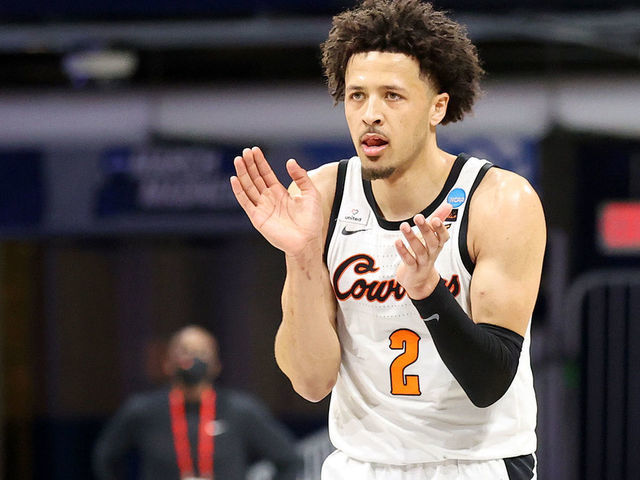 INDIANAPOLIS, INDIANA - MARCH 21: Cade Cunningham #2 of the Oklahoma State Cowboys reacts as they take on the Oregon State Beavers during the second half in the second round game of the 2021 NCAA Men's Basketball Tournament at Hinkle Fieldhouse on March 21, 2021 in Indianapolis, Indiana. The Oregon State Beavers won 80-70.