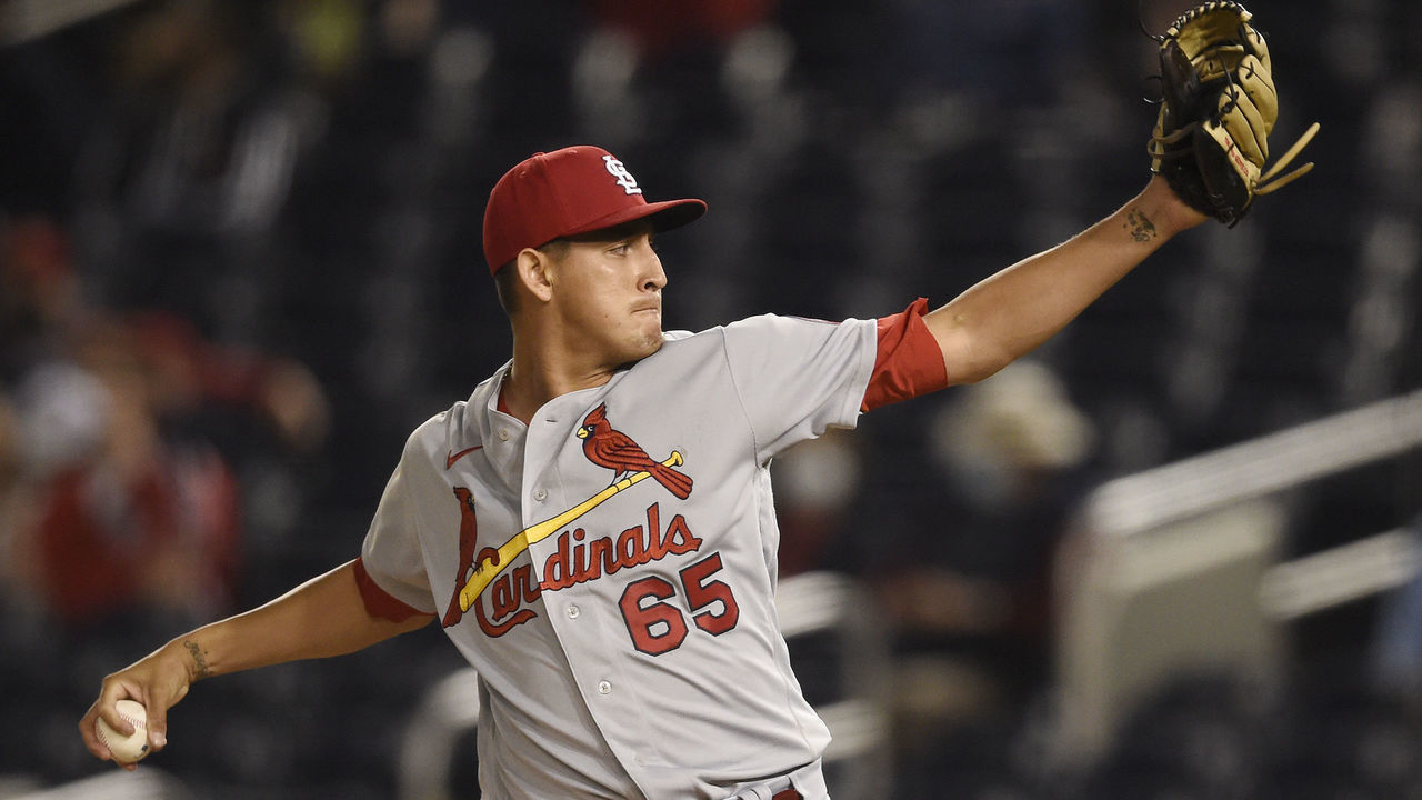 WASHINGTON, DC - APRIL 20: Giovanny Gallegos #65 of the St. Louis Cardinals pitches against the Washington Nationals in the eighth inning at Nationals Park on April 20, 2021 in Washington, DC.