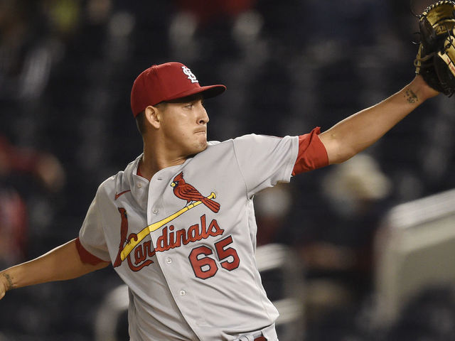 WASHINGTON, DC - APRIL 20: Giovanny Gallegos #65 of the St. Louis Cardinals pitches against the Washington Nationals in the eighth inning at Nationals Park on April 20, 2021 in Washington, DC.