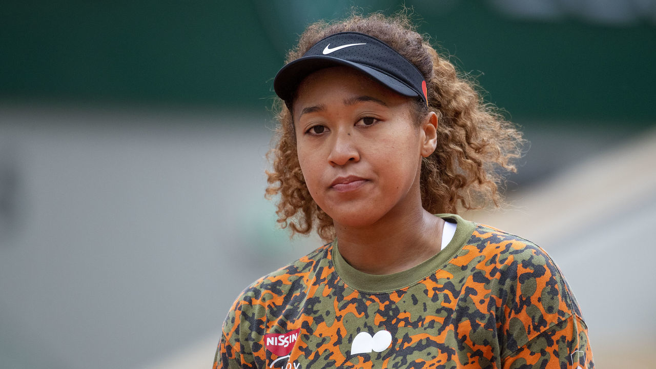 PARIS, FRANCE May 26. Naomi Osaka of Japan during practice on Court Philippe-Chatrier during a practice match against Ashleigh Barty of Australia in preparation for the 2021 French Open Tennis Tournament at Roland Garros on May 2pm 6th 2021 in Paris, France.