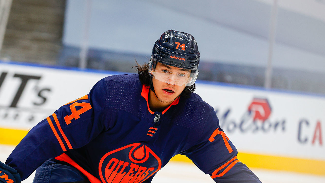 EDMONTON, AB - MAY 15: Edmonton Oilers Defenceman Ethan Bear (74) in action in the second period during the Edmonton Oilers game versus the Vancouver Canucks on MAY 15, 2021 at Rogers Place in Edmonton, AB.