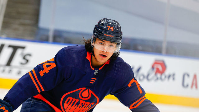 EDMONTON, AB - MAY 15: Edmonton Oilers Defenceman Ethan Bear (74) in action in the second period during the Edmonton Oilers game versus the Vancouver Canucks on MAY 15, 2021 at Rogers Place in Edmonton, AB.
