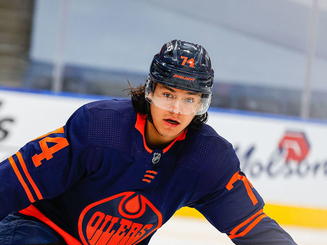 EDMONTON, AB - MAY 15: Edmonton Oilers Defenceman Ethan Bear (74) in action in the second period during the Edmonton Oilers game versus the Vancouver Canucks on MAY 15, 2021 at Rogers Place in Edmonton, AB.