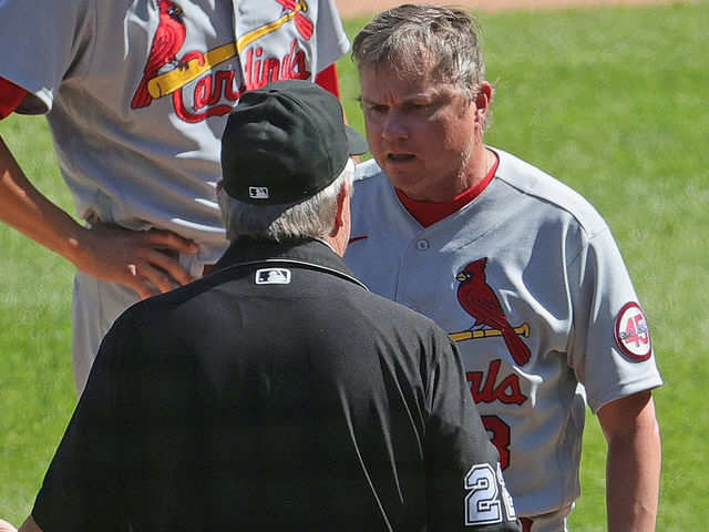CHICAGO, ILLINOIS - MAY 26: Manager Mike Shildt #8 of the St. Louis Cardinals argues with umpire Joe West #22 after being ejected from the game in the 7th inning against the Chicago White Sox at Guaranteed Rate Field on May 26, 2021 in Chicago, Illinois. The Cardinals defeated the White Sox 4-0.