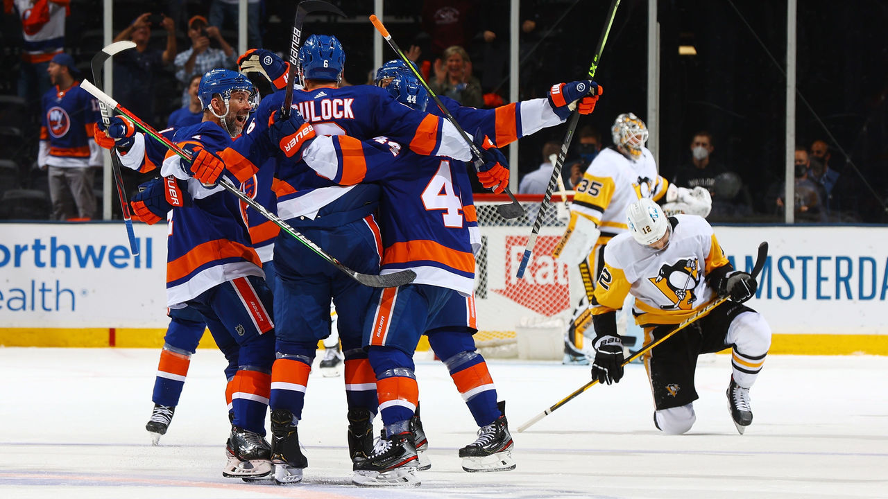UNIONDALE, NEW YORK - MAY 26: Ryan Pulock #6 of the New York Islanders celebrates his second period goal against the Pittsburgh Penguins in Game Six of the First Round of the 2021 Stanley Cup Playoffs at Nassau Coliseum on May 26, 2021 in Uniondale, New York.