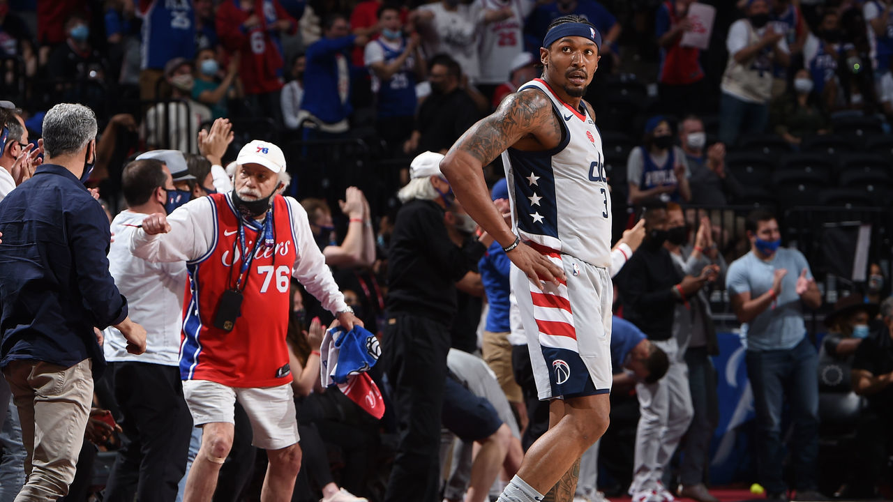 PHILADELPHIA, PA - MAY 26: Bradley Beal #3 of the Washington Wizards looks one during a game against the Philadelphia 76ers during Round One Game Two of the Eastern Conference Playoffs on May 26, 2021 at Wells Fargo Center in Philadelphia, Pennsylvania. NOTE TO USER: User expressly acknowledges and agrees that, by downloading and/or using this Photograph, user is consenting to the terms and conditions of the Getty Images License Agreement. Mandatory Copyright Notice: Copyright 2021 NBAE
