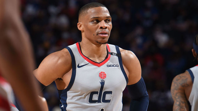 PHILADELPHIA, PA - MAY 26: Russell Westbrook #4 of the Washington Wizards looks on during a game against the Philadelphia 76ers during Round One Game Two of the Eastern Conference Playoffs on May 26, 2021 at Wells Fargo Center in Philadelphia, Pennsylvania. NOTE TO USER: User expressly acknowledges and agrees that, by downloading and/or using this Photograph, user is consenting to the terms and conditions of the Getty Images License Agreement. Mandatory Copyright Notice: Copyright 2021 NBAE