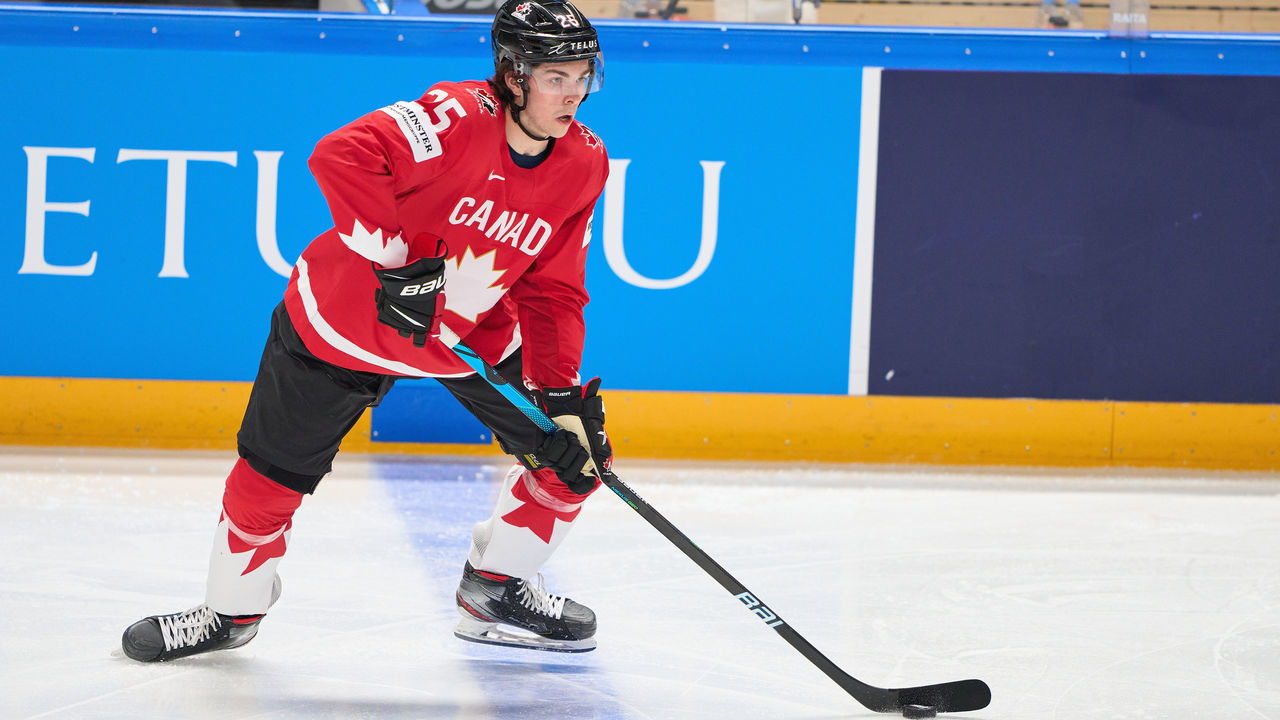 RIGA, LATVIA - MAY 26: Owen Power #25 of Canada in action during the 2021 IIHF Ice Hockey World Championship group stage game between Canada and Norway at Arena Riga on May 26, 2021 in Riga, Latvia. Canada defeated Norway 4-2.