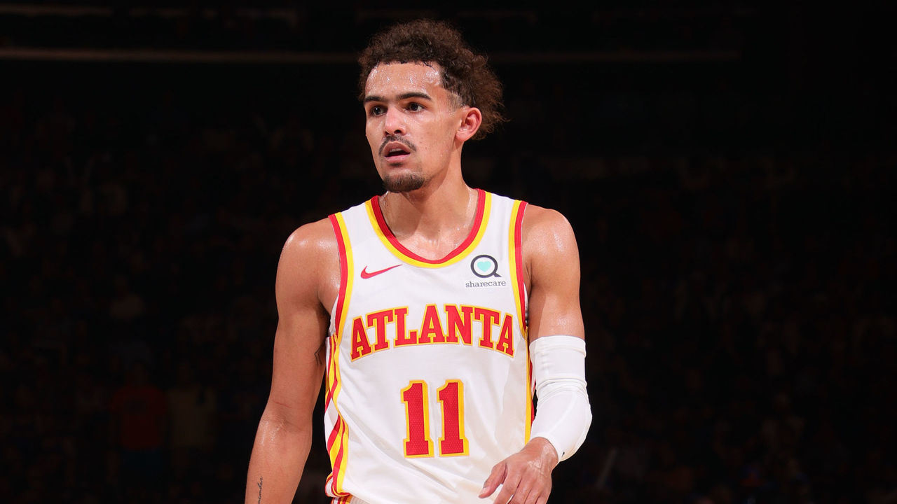 NEW YORK, NY - MAY 26: Trae Young #11 of the Atlanta Hawks looks on during Round 1, Game 2 of the 2021 NBA Playoffs on May 26, 2021 at Madison Square Garden in New York City, New York. Mandatory Copyright Notice: Copyright 2021 NBAE