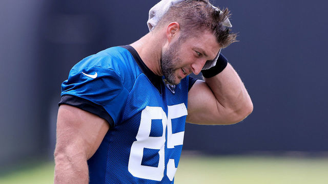 JACKSONVILLE, FLORIDA - MAY 27: Tim Tebow #85 of the Jacksonville Jaguars as seen during Jacksonville Jaguars Training Camp at TIAA Bank Field on May 27, 2021 in Jacksonville, Florida.