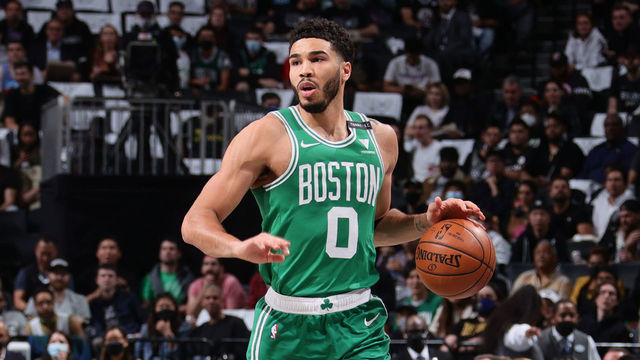 BROOKLYN, NY - MAY 25: Jayson Tatum #0 of the Boston Celtics dribbles the ball against the Brooklyn Nets during Round 1, Game 2 of the 2021 NBA Playoffs on May 25, 2021 at Barclays Center in Brooklyn, New York. Mandatory Copyright Notice: Copyright 2021 NBAE