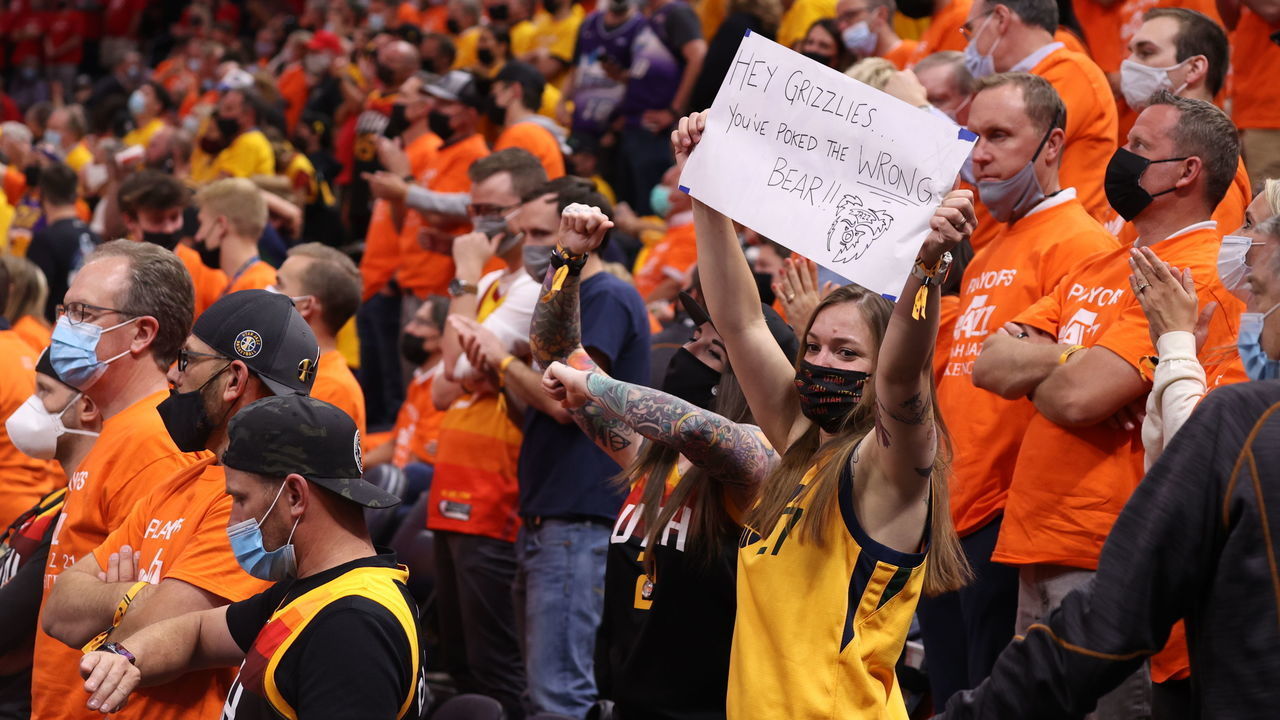 SALT LAKE CITY, UT - MAY 26: Utah Jazz fans cheer during Round 1, Game 2 of the 2021 NBA Playoffs on May 26, 2021 at vivint.SmartHome Arena in Salt Lake City, Utah. Mandatory Copyright Notice: Copyright 2021 NBAE