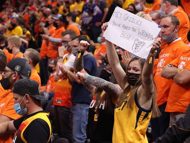 SALT LAKE CITY UT - MAY 26 Utah Jazz fans cheer during Round 1 Game 2 of the 2021 NBA Playoffs on May 26 2021 at vivintSmartHome Arena in Salt Lake City Utah Mandatory Copyright Notice Copyright 2021 NBAE