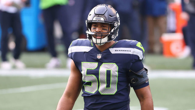 SEATTLE, WASHINGTON - JANUARY 09: K.J. Wright #50 of the Seattle Seahawks looks on in the first quarter against the Los Angeles Rams during the NFC Wild Card Playoff game at Lumen Field on January 09, 2021 in Seattle, Washington.