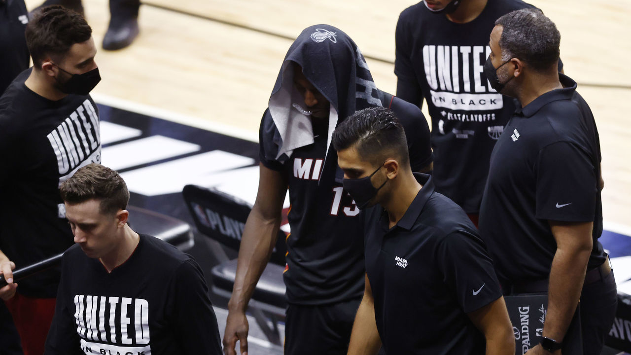 MIAMI, FLORIDA - MAY 27: Bam Adebayo #13 of the Miami Heat reacts as he leaves the floor after losing to the Milwaukee Bucks 113-84 in Game Three of the Eastern Conference first-round playoff series at American Airlines Arena on May 27, 2021 in Miami, Florida.