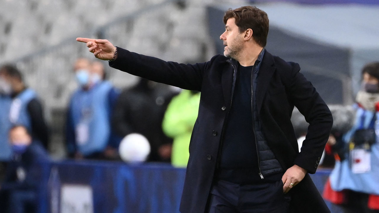Paris Saint-Germain's Argentinian head coach Mauricio Pochettino reacts during the French Cup final football match between Paris Saint-Germain and Monaco at the Stade de France stadium, in Saint-Denis, on the outskirts of Paris, on May 19, 2021.