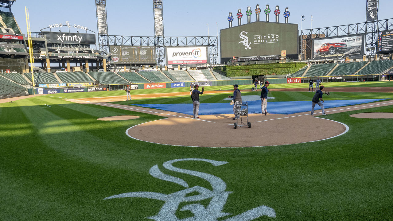 CHICAGO, IL - JULY 25: A view of the Chicago White Sox logo before the MLB regular season game between the Minnesota Twins at the Chicago White Sox on July 25, 2019, at Guaranteed Rate Field in Chicago, IL.