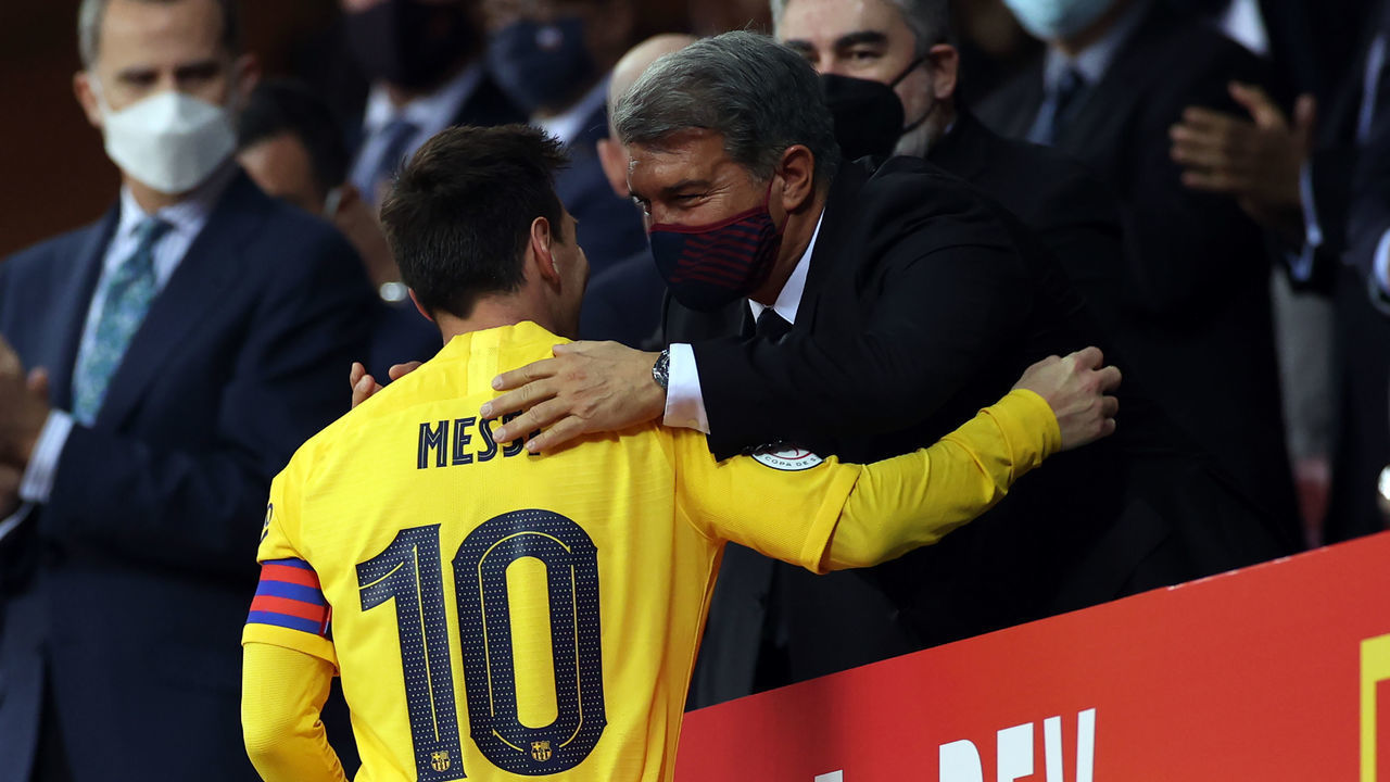 Lionel Messi and Joan Laporta of FC Barcelona after winning the Copa Del Rey Final match between Athletic Club and FC Barcelona at Estadio de La Cartuja in Sevilla, Spain, on April 17, 2021. Sporting stadiums around Spain remain under strict restrictions due to the Coronavirus Pandemic as Government social distancing laws prohibit fans inside venues resulting in games being played behind closed doors.