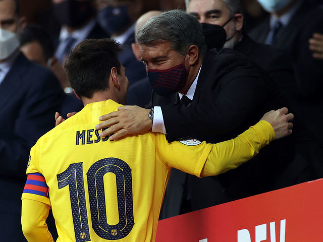 Lionel Messi and Joan Laporta of FC Barcelona after winning the Copa Del Rey Final match between Athletic Club and FC Barcelona at Estadio de La Cartuja in Sevilla, Spain, on April 17, 2021. Sporting stadiums around Spain remain under strict restrictions due to the Coronavirus Pandemic as Government social distancing laws prohibit fans inside venues resulting in games being played behind closed doors.