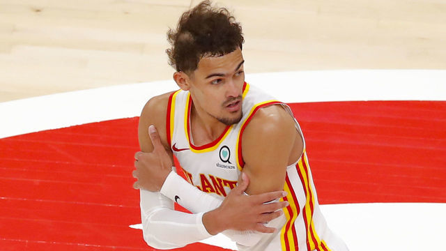 ATLANTA, GA - APRIL 06: Trae Young #11 of the Atlanta Hawks reacts after hitting a three pointer during the second half against the New Orleans Pelicans at State Farm Arena on April 6, 2021 in Atlanta, Georgia. NOTE TO USER: User expressly acknowledges and agrees that, by downloading and/or using this photograph, user is consenting to the terms and conditions of the Getty Images License Agreement.