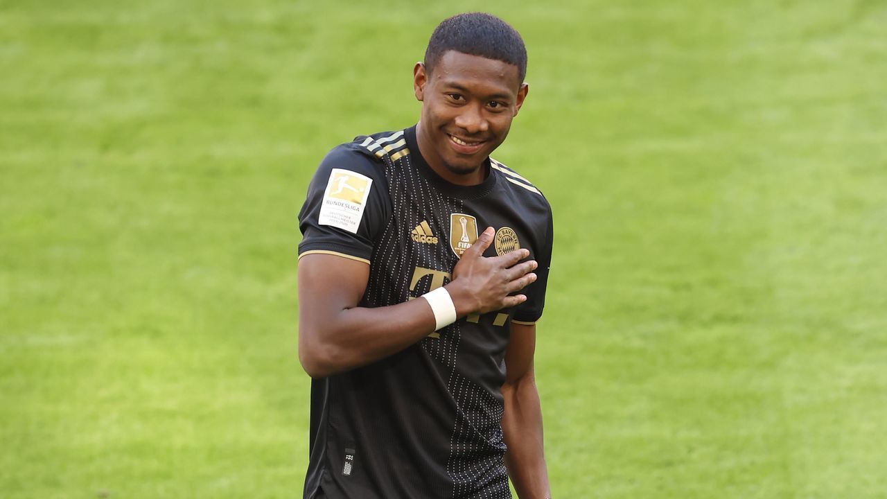MUNICH, GERMANY - MAY 22: David Alaba of FC Bayern Muenchen reacts prior to the Bundesliga match between FC Bayern Muenchen and FC Augsburg at Allianz Arena on May 22, 2021 in Munich, Germany. After the Bavarian cabinet decided on first relaxations for outdoor events, the current Corona situation allows FC Bayern to have its last match of the season in front of 250 spectators in the Allianz Arena. Of these, 100 tickets are given to people from the health sector selected by the Ministry of Health.