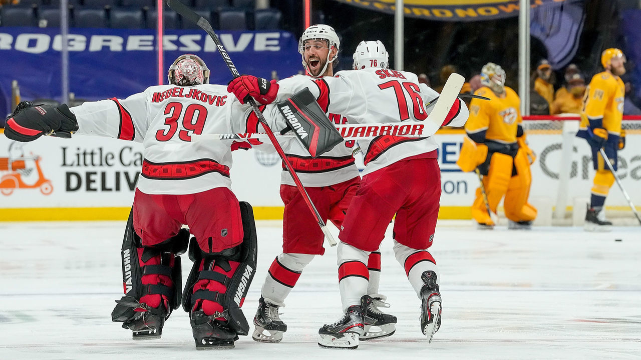NASHVILLE, TN - MAY 27: Brady Skjei #76 and Vincent Trocheck #16 celebrate a 4-3 overtime win against the Nashville Predators in Game Six of the First Round of the 2021 Stanley Cup Playoffs at Bridgestone Arena on May 27, 2021 in Nashville, Tennessee.