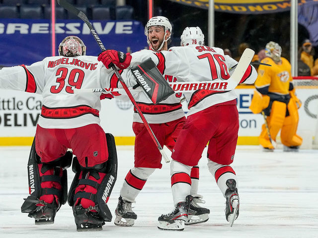 NASHVILLE, TN - MAY 27: Brady Skjei #76 and Vincent Trocheck #16 celebrate a 4-3 overtime win against the Nashville Predators in Game Six of the First Round of the 2021 Stanley Cup Playoffs at Bridgestone Arena on May 27, 2021 in Nashville, Tennessee.