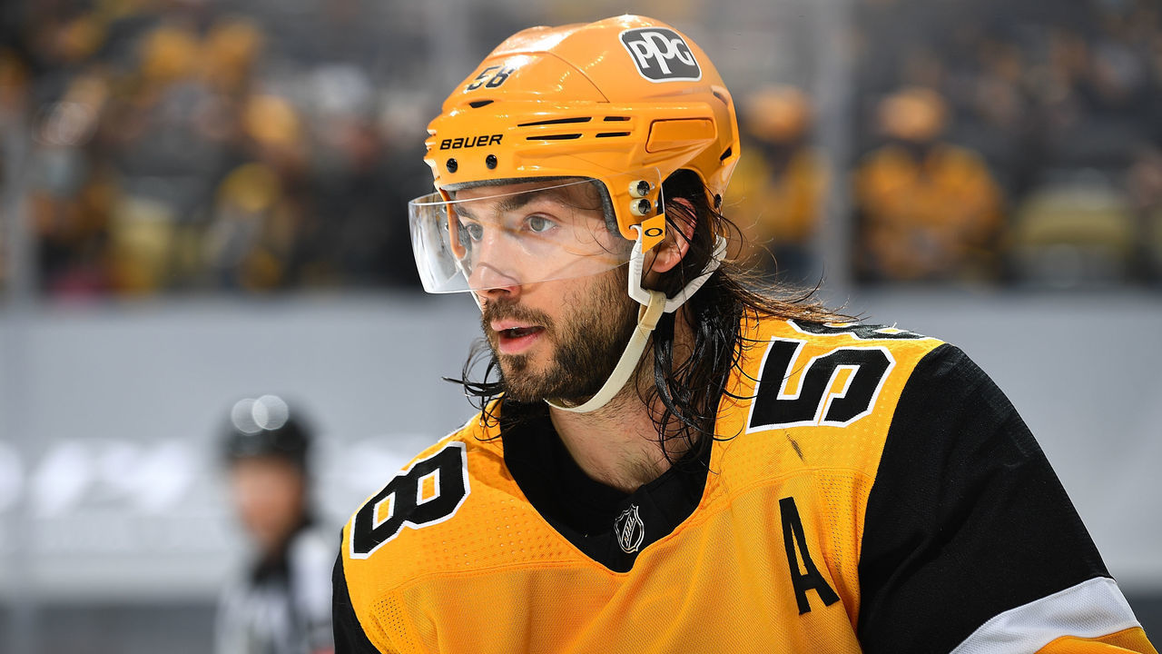 PITTSBURGH, PA - MAY 24: Kris Letang #58 of the Pittsburgh Penguins skates against the New York Islanders in Game Five of the First Round of the 2021 Stanley Cup Playoffs at PPG PAINTS Arena on May 24, 2021 in Pittsburgh, Pennsylvania.