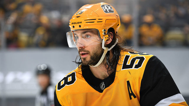 PITTSBURGH, PA - MAY 24: Kris Letang #58 of the Pittsburgh Penguins skates against the New York Islanders in Game Five of the First Round of the 2021 Stanley Cup Playoffs at PPG PAINTS Arena on May 24, 2021 in Pittsburgh, Pennsylvania.