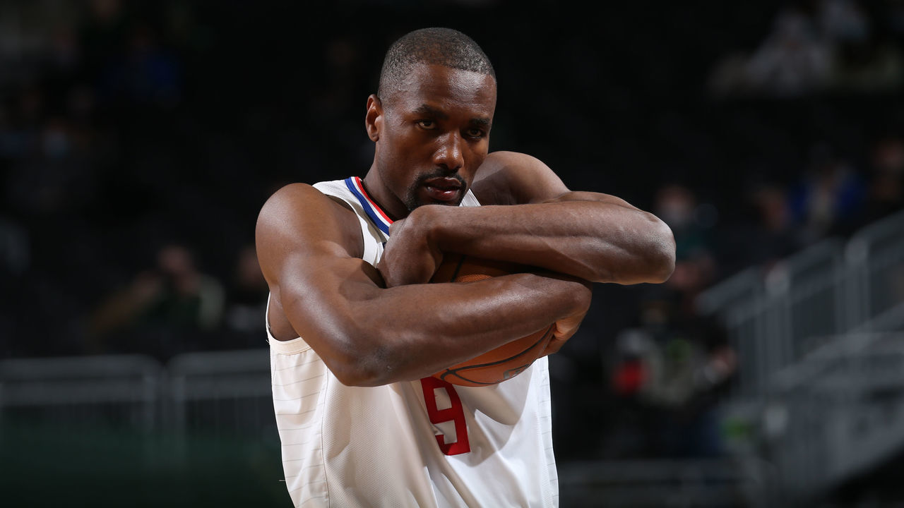 MILWAUKEE, WI - FEBRUARY 28: Serge Ibaka #9 of the LA Clippers looks on before the game against the Milwaukee Bucks on February 28, 2021 at the Fiserv Forum Center in Milwaukee, Wisconsin. Mandatory Copyright Notice: Copyright 2021 NBAE .