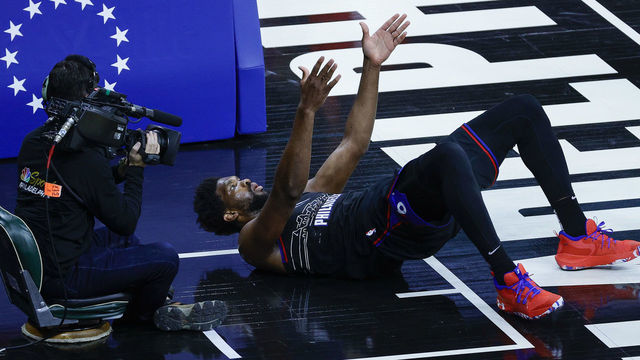 PHILADELPHIA, PENNSYLVANIA - MAY 26: Joel Embiid #21 of the Philadelphia 76ers celebrates during the second quarter against the Washington Wizards during Game Two of the Eastern Conference first round series at Wells Fargo Center on May 26, 2021 in Philadelphia, Pennsylvania.