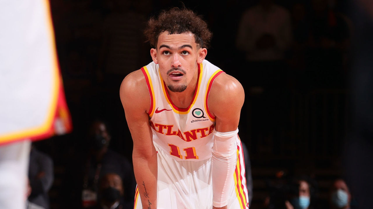 NEW YORK, NY - MAY 26: Trae Young #11 of the Atlanta Hawks looks on during Round 1, Game 2 of the 2021 NBA Playoffs on May 26, 2021 at Madison Square Garden in New York City, New York. Mandatory Copyright Notice: Copyright 2021 NBAE