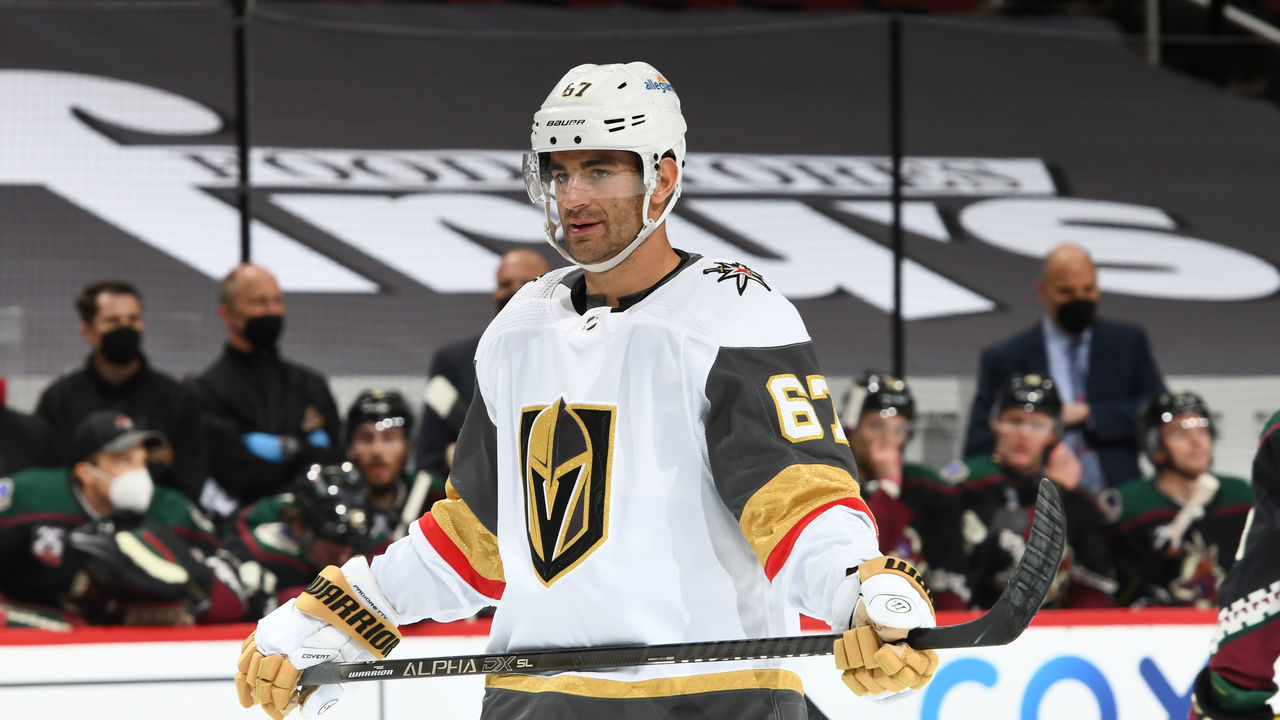GLENDALE, ARIZONA - APRIL 30: Max Pacioretty #67 of the Vegas Golden Knights gets ready during a face off against the Arizona Coyotes at Gila River Arena on April 30, 2021 in Glendale, Arizona.