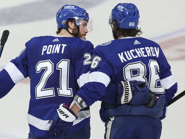 Tampa Bay Lightning center Brayden Point (21) celebrates his goal