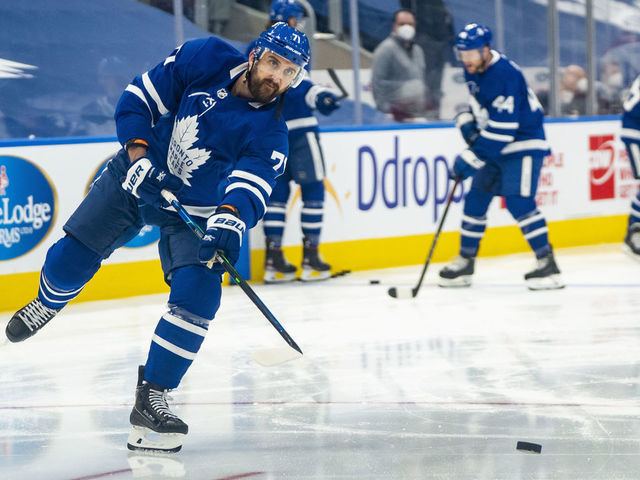 TORONTO, ON - MAY 22: Nick Foligno #71 of the Toronto Maple Leafs warms up before facing the Montreal Canadiens in Game Two of the First Round of the 2021 Stanley Cup Playoffs at the Scotiabank Arena on May 22, 2021 in Toronto, Ontario, Canada.