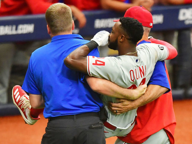 Phillies' Roman Quinn helped off the field with Achilles injury