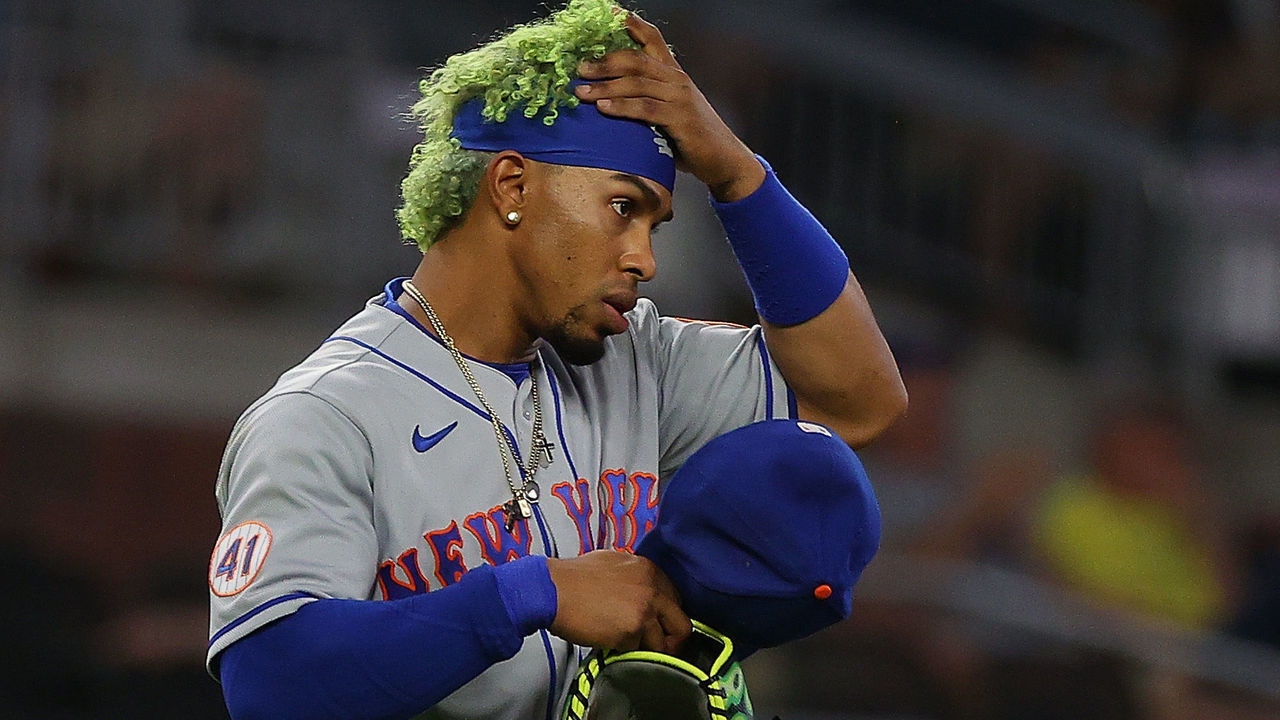 ATLANTA, GEORGIA - MAY 19: Francisco Lindor #12 of the New York Mets reacts after grounding out to end the top of the eighth inning against the Atlanta Braves at Truist Park on May 19, 2021 in Atlanta, Georgia.