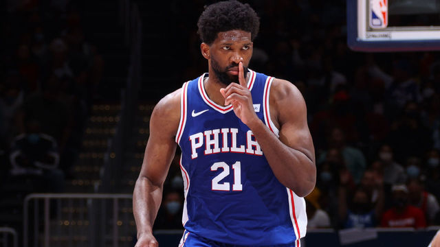 WASHINGTON, DC - MAY 29: Joel Embiid #21 of the Philadelphia 76ers celebrates a three point basket against the Washington Wizards during Round 1, Game 3 of the 2021 NBA Playoffs on May 29, 2021 at Capital One Arena in Washington, DC. Mandatory Copyright Notice: Copyright 2021 NBAE