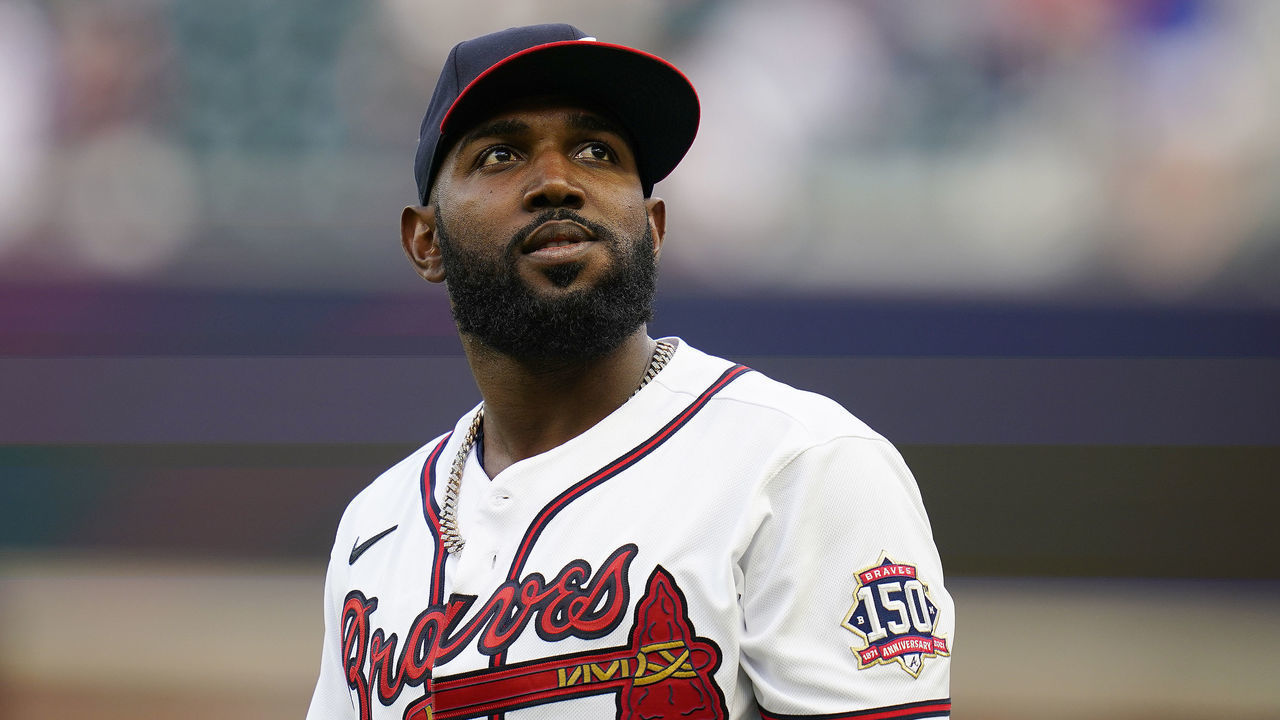 ATLANTA, GA - APRIL 27: Marcell Ozuna (20) of the Atlanta Braves looks into the crowd before the Tuesday night MLB game between the Atlanta Braves and the Chicago Cubs on April 27, 2021 at Truist Park in Atlanta, Georgia.