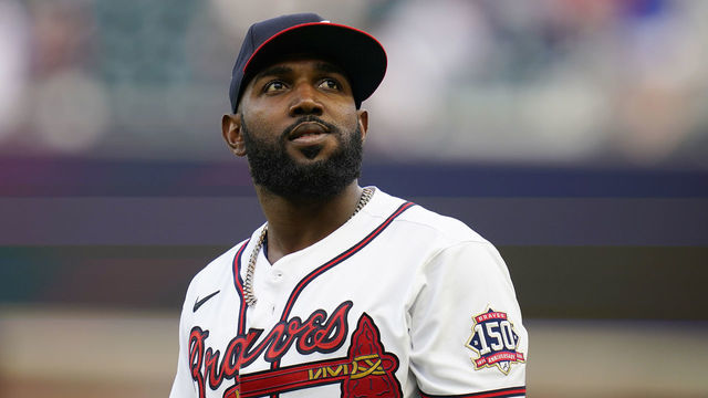 ATLANTA, GA - APRIL 27: Marcell Ozuna (20) of the Atlanta Braves looks into the crowd before the Tuesday night MLB game between the Atlanta Braves and the Chicago Cubs on April 27, 2021 at Truist Park in Atlanta, Georgia.