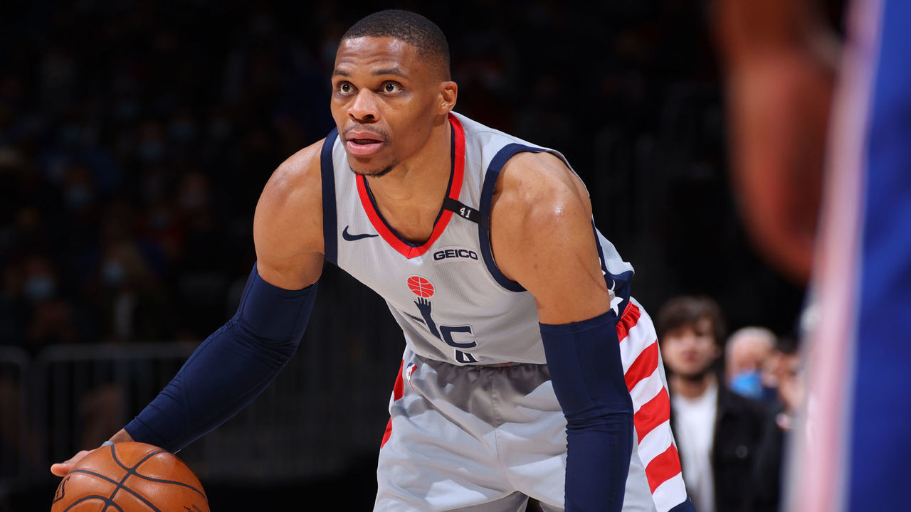 WASHINGTON, DC - MAY 29: Russell Westbrook #4 of the Washington Wizards dribbles the ball against the Washington Wizards during Round 1, Game 3 of the 2021 NBA Playoffs on May 29, 2021 at Capital One Arena in Washington, DC. Mandatory Copyright Notice: Copyright 2021 NBAE