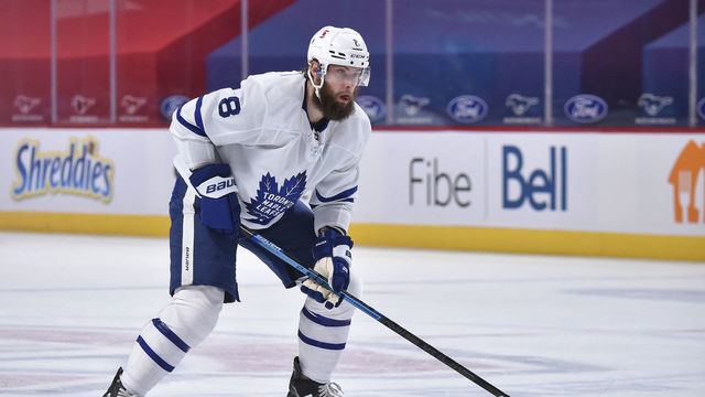 MONTREAL, QC - MAY 03: Jake Muzzin #8 of the Toronto Maple Leafs skates during the first period against the Montreal Canadiens at the Bell Centre on May 3, 2021 in Montreal, Canada. The Montreal Canadiens defeated the Toronto Maple Leafs 3-2 in overtime.