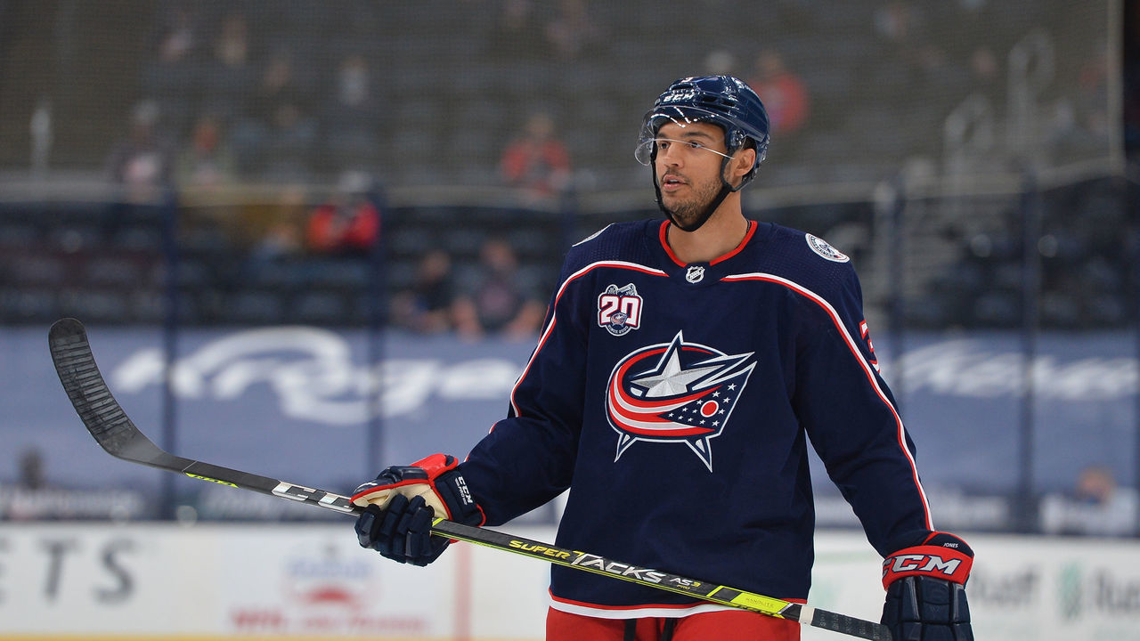 COLUMBUS, OH - APRIL 8: Seth Jones #3 of the Columbus Blue Jackets skates during the first period of a game against the Tampa Bay Lightning at Nationwide Arena on April 8, 2021 in Columbus, Ohio.